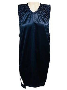 CELINE NAVY BLUE RUCHED SLEEVELESS SATIN MINI DRESS WITH STRAP